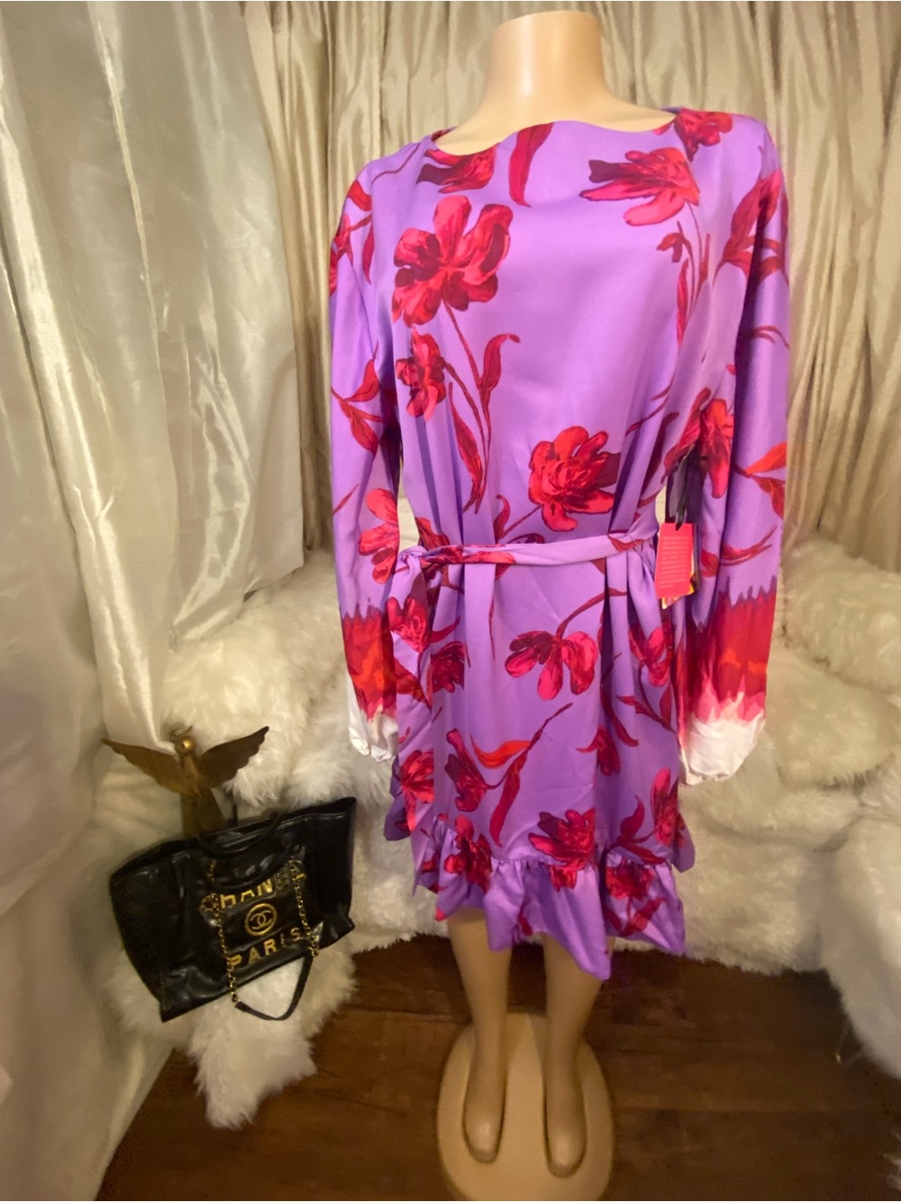 Prabal Gurung Lavender Dress with Red Floral Print and Tie Waist  size large